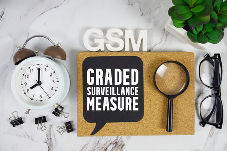 GSM Graded Surveillance Measure text with alarm clock and magnifying glass on marble background