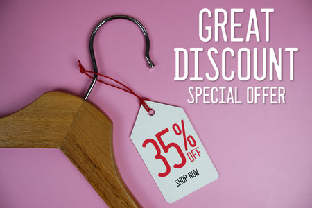 Great Discount Sale 35% off price tag label with Clothes hanger Clothing Promotion shopping concept