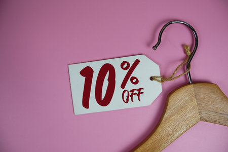 Sale 10% off price tag label with Clothes hanger Clothing Promotion shopping conceptの写真素材