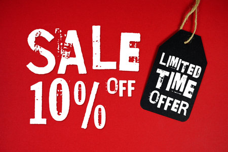 Sale 10% Off and Limited Time offer with Price Tag on red background