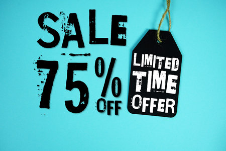 Sale 75% Off and Limited Time offer with Price Tag on blue background