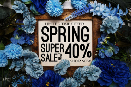 Spring Sale 40% Promotion and Marketing with flowers bouquet decoration on wooden background