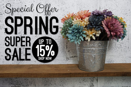Spring Sale 15% Promotion and Marketing with easel with flowers bouquet decoration