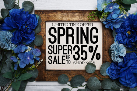 Spring Sale 35% Promotion and Marketing with flowers bouquet decoration on wooden background