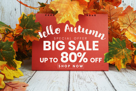 Hello Autumn Big Sale 80% text with maple leaf decorated on wooden background