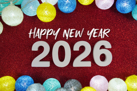 Happy New Year 2026 number and LED cotton balls decorations on red glitter background