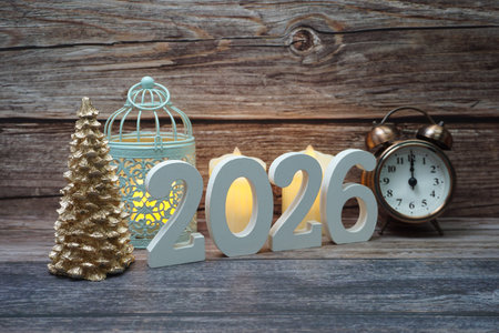 Happy New Year 2026 and Christmas Holiday Decoration on wooden background