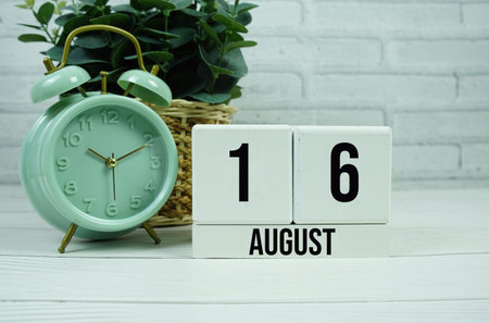 Wooden Calendar Showing the Date of August 16th. Day 16 of August month