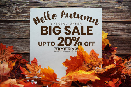 Hello Autumn Big Sale 20% text with maple leaf decoration on wooden backgroundの写真素材