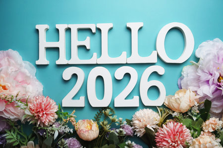 Hello 2026 alphabet letter with flower decoration on blue background