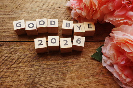 Good Bye 2026 word letter with space copy on wooden background