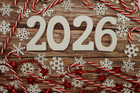 2026 Happy New Year and Christmas decoration on wooden background