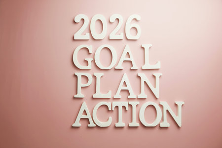 2026 Goal Plan Action alphabet letter flat lay on pink background