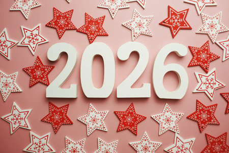Happy New Year 2026 alphabet letter with Christmas decoration on pink background