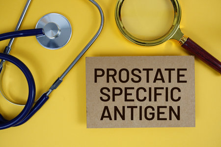 Prostate Specific Antigen (PSA) text on paper card with Stethoscope flat lay on yellow background