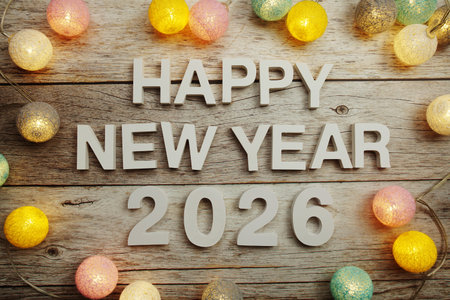Happy New Year 2026 alphabet letters on wooden background