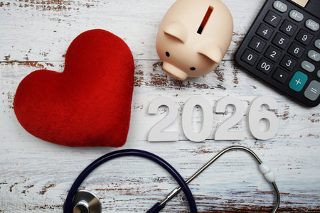 Happy New Year 2026 for healthcare and medical with piggy bank, stethoscope and calculator on wooden...