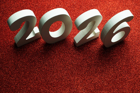 2026 with space copy on red glitter background