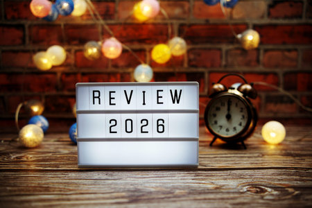 Review 2026 text in light box with alarm clock and LED cotton balls decoration