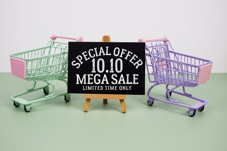 10.10 Mega Sale Special Offer text with mini trolley shopping cart on green background