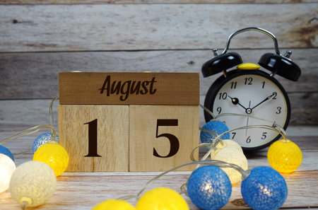 Wooden Calendar Showing the Date of August 15th. Day 15 of August month