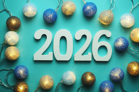 Happy New Year 2026 alphabet letter with cotton ball LED decoration on blue background