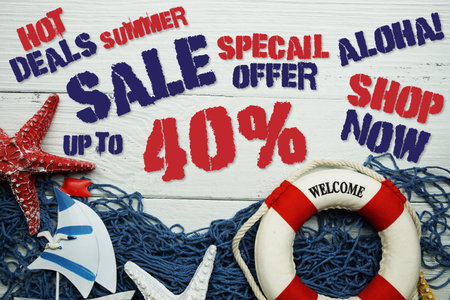 Summer Sale 40% off with Nautical and summer decoration on wooden background