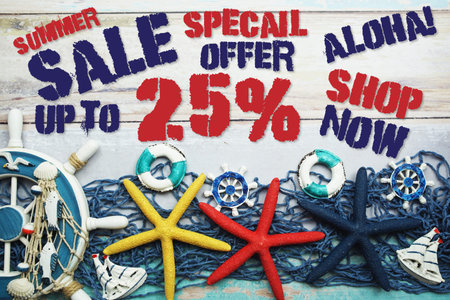 Summer Sale 25% off with Nautical and summer decoration on wooden background