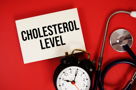 Cholesterol Level text written on paper card with stethoscope and alarm clock on red backgroundの写真素材