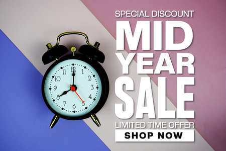 Mid Year Sale text with Alarm clock on purple and pink geometric background