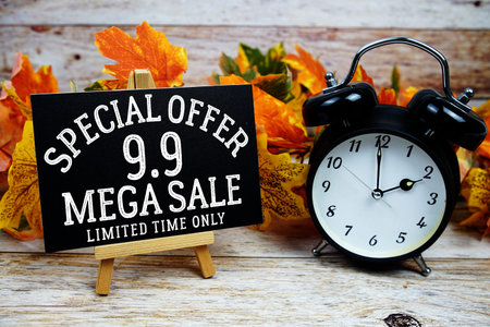 9.9 Mega Sale text with alarm clock and maple leaf decoration on wooden background