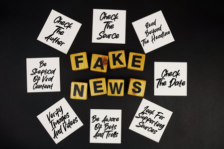 Fake News and Tips for Prevention written on sticky note on black backgroundの写真素材