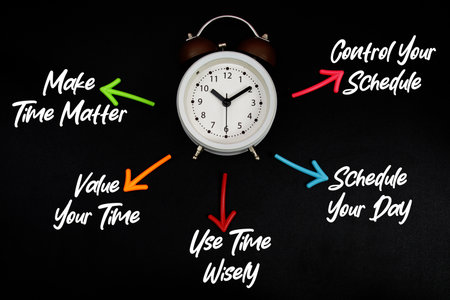 Alarm clock surrounded by colorful arrows pointing to the words "Make Time Matter, Value Your Time, Use Time Wisely, Schedule Your Day, Control Your Schedule"の写真素材