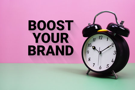 Black alarm clock on a pastel green and pink background with the text "Boost Your Brand"の写真素材