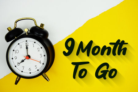 9 Month To Go text and alarm clock on yellow backgroundの写真素材