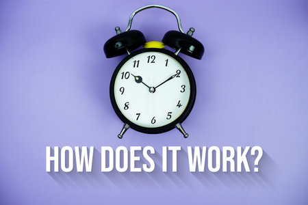 How Does It Work? text and alarm clock on purple backgroundの写真素材