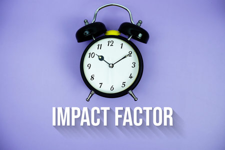 Impact Factor text and alarm clock on purple background