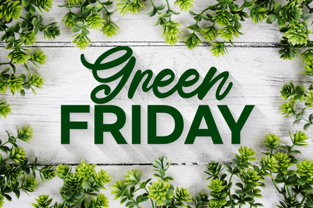 Green Friday text with artificial leaf decoration on wooden backgroundの写真素材