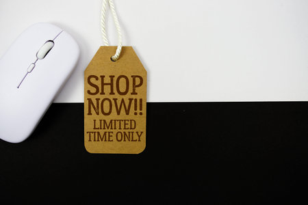 Price tag with Shop Now Limited Time Only and wireless mouse on white and black background