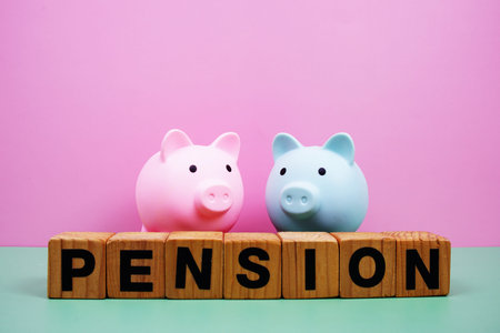 Pension alphabet letters with piggy bank saving on pink and green background