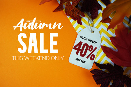 Autumn Sale 40% Off with Price Tag and maple leaf decorated on orange background