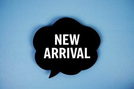 New Arrival text with speech bubble top view on blue background