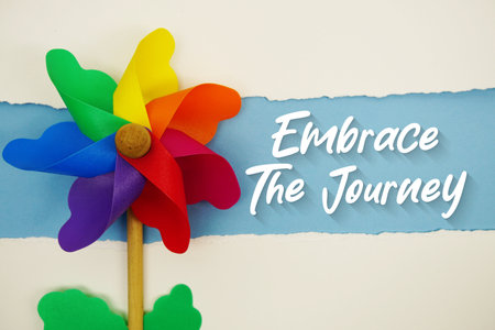 Embrace The Journey motivational and inspirational quotes message on blue backgroundの写真素材