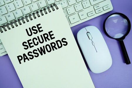 Notepad with the text "Use Secure Passwords" and white keyboard, wireless mouse, magnifying glass and alarm clockの写真素材