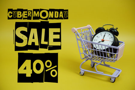 Cyber Monday Sale 40% Promotion and Marketing with trolley shopping cart and alarm clock on yellow...