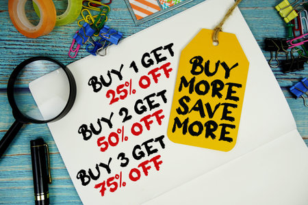 Buy 1 get 25%, Buy 2 get 50%, Buy 3 get 75% text on a notepad paper and Buy More Save More with...