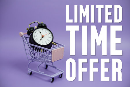 Limited Time Offer text with trolley shopping cart and alarm clock on purple backgroundの写真素材