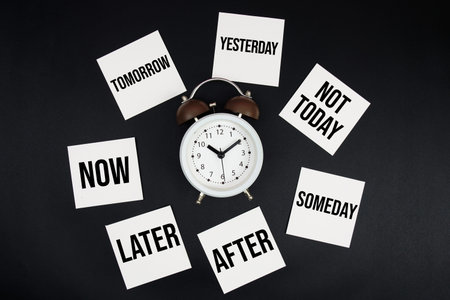 Alarm Clock Surrounded with Tomorrow, Yesterday, Now, Later, After, Someday, Not today