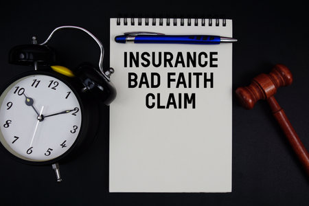 Insurance Bad Faith Claim text written on notepad with gavel and alarm clock on black backgroundの写真素材