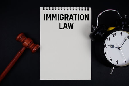 Immigration Law text written on notepad with gavel and alarm clock on black backgroundの写真素材
